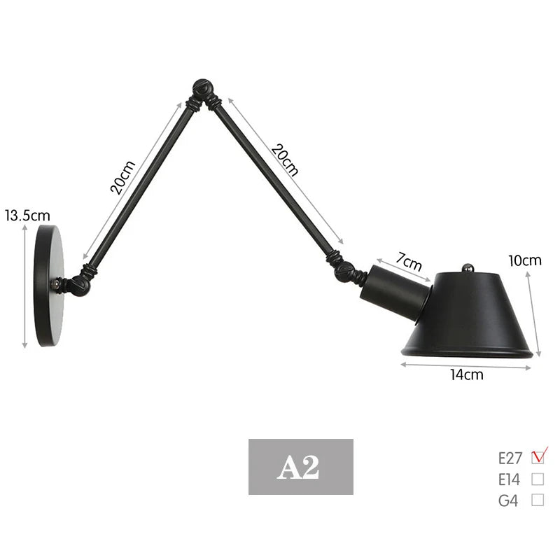 Black Rustic Vintage Swimming Arm Wall Lamp Retro Long Reading Lights on the Wall Adjustable Iron Applique Murale Luminaire Home