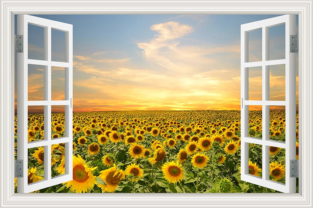 Wall Sticker Yellow Flower Sunflower Landscape Wallpaper Kitchen Living Room 3D Window View Stickers Vinyl Home Decor