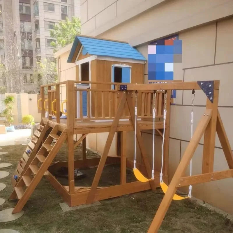 Outdoor Waterproof Wooden Playhouse With Slide Swing Set and Sandbox Kids' Playground Play House for Patio Backyard