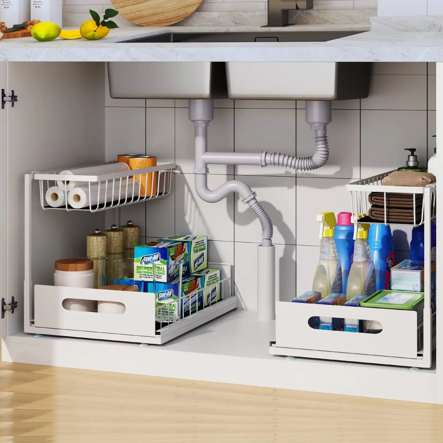 Double-layer Sliding Rail Basket Under-Sink Storage Rack Bathroom Kitchen Storage
