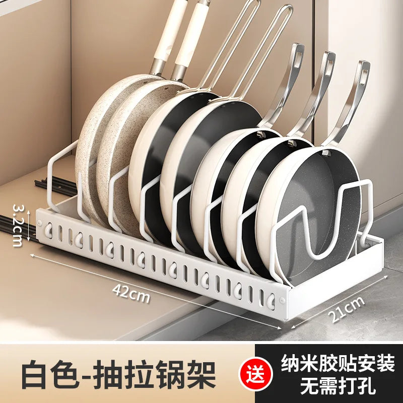 Pull-out pot rack organizer with adjustable shelves, space-saving kitchen cabinet storage