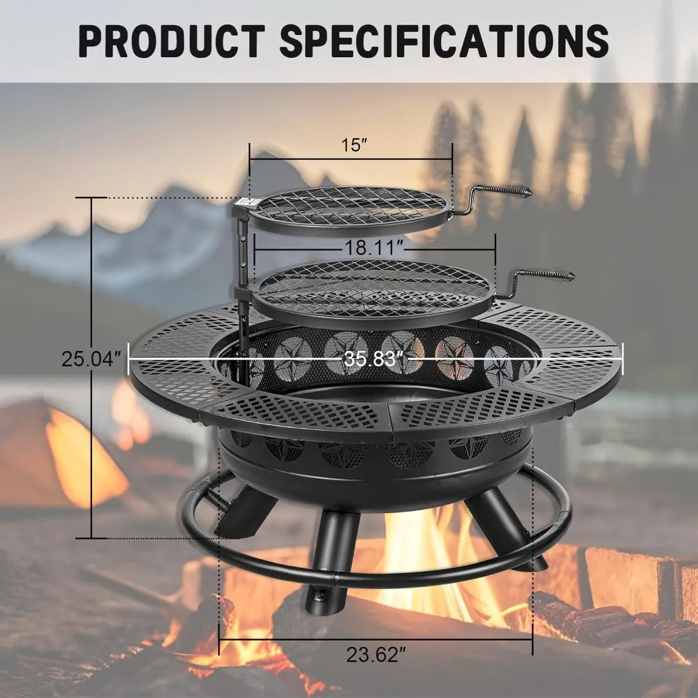 36 Inch Fire Pit with 2 Cooking Grills, Outdoor Wood Burning BBQ Firepit with Lid, 3-in-1 Outdoor Fire Pit for Backyard Deck
