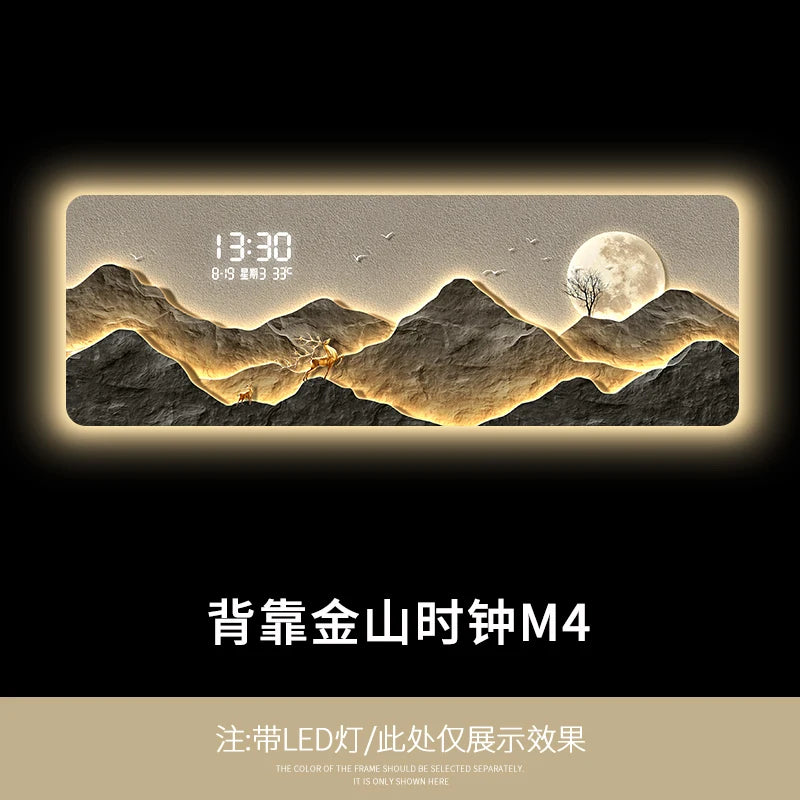 High end living room decoration painting, LED digital electronic clock, mountain back atmosphere light hanging painting