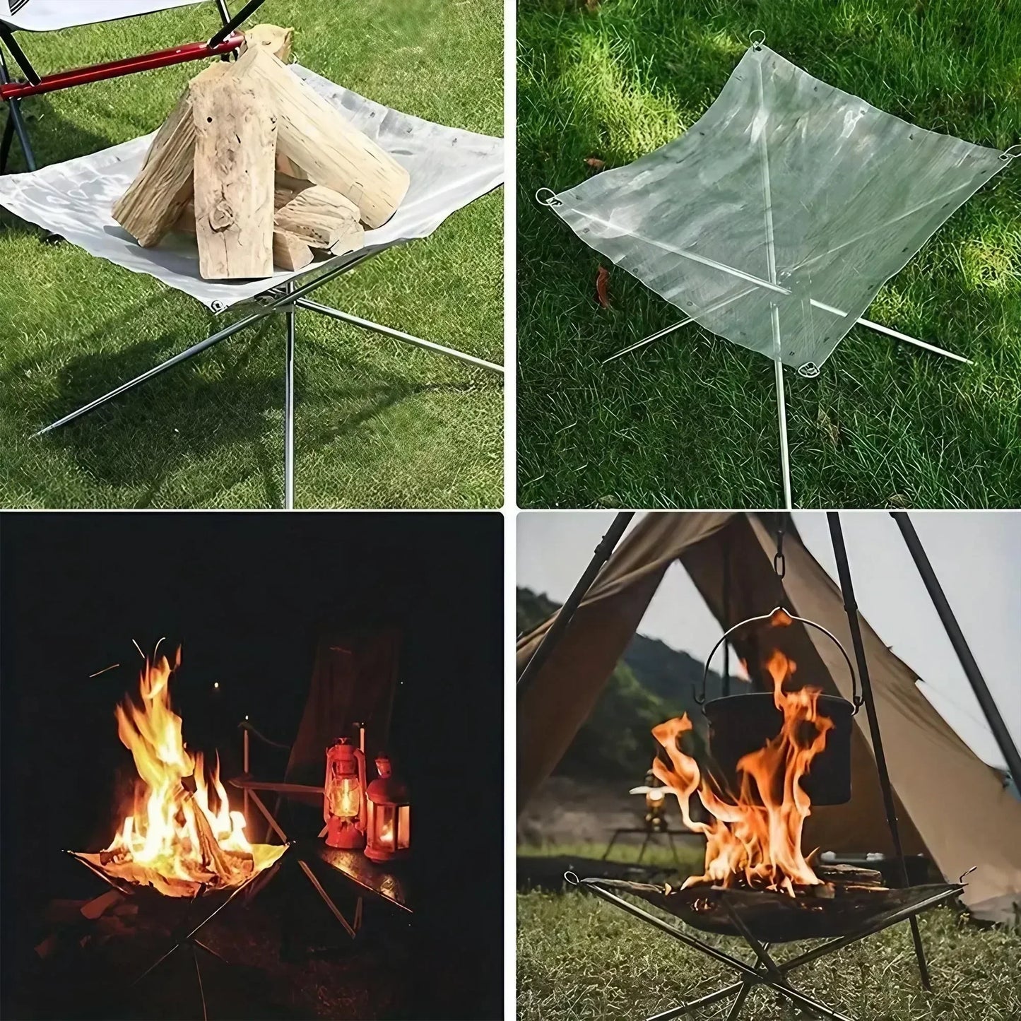 Folding Portable Steel Mesh Camping Fire Pit, Outdoor Wood Burning Bonfires Rack, Stainless Steel Fire Pit, with Carrying Bag