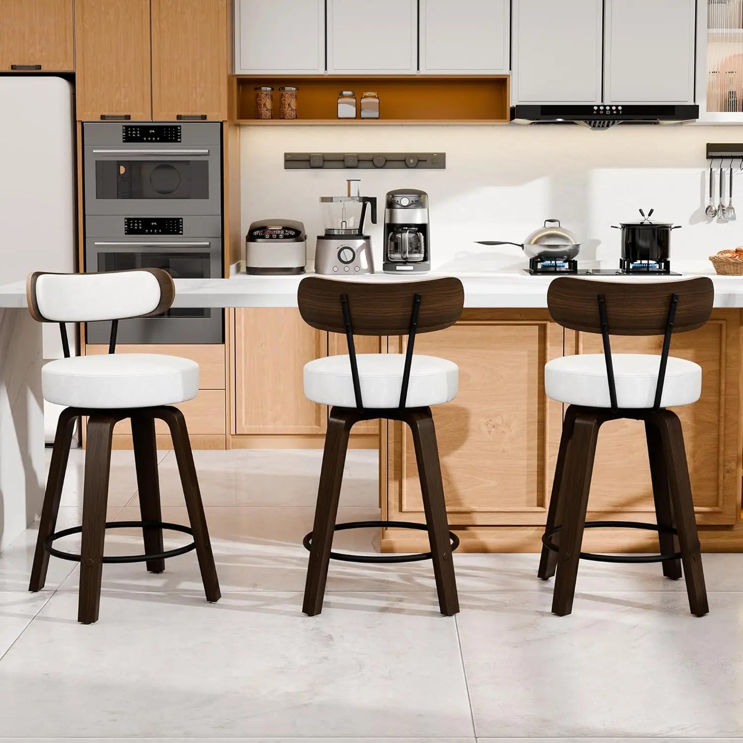 Bar Stools Set of 3, Brown Leather 26'' Swivel Counter Height Bar Stools, Modern Bar Stools with Back & Wood Legs,, Customized
