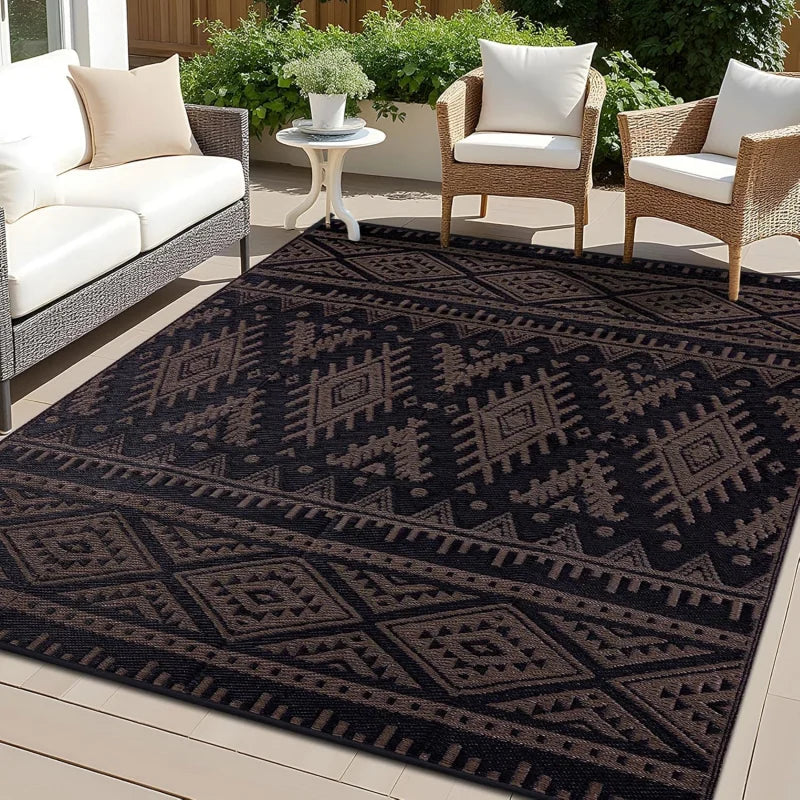 VIKAMA Bohemian Geometric Outdoor Rug Non-Slip Wear-Resistant Balcony Terrace Mat Camping Picnic RV Carpet Home Decoration