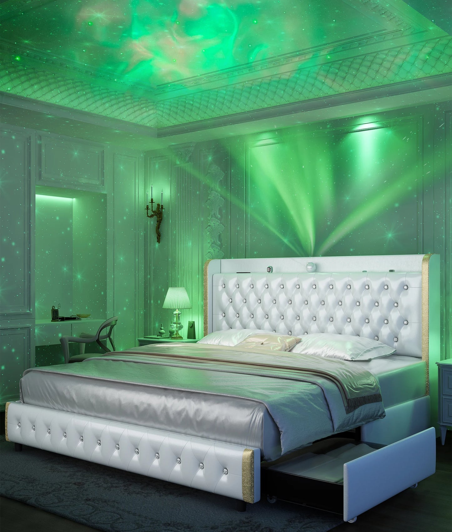Queen LED Bed Frame with Galaxy Projector, Bluetooth Speaker, USB Ports, 4 Drawers, No Box Spring Needed, PU Black