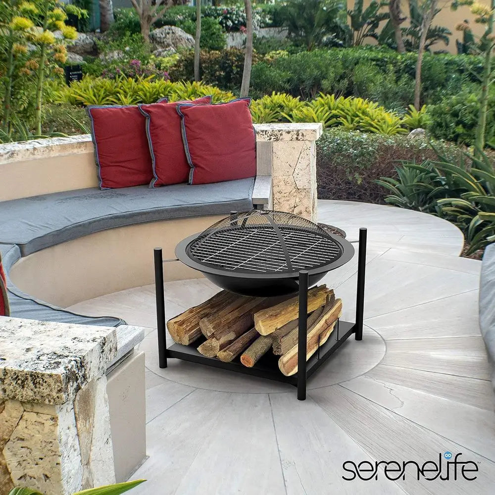 Outdoor Wood Fire Pit - 26" Steel BBQ Grill with Mesh Spark Screen, Log Grate, Fire Poker & Cover for Camping, Picnic, Bonfire -