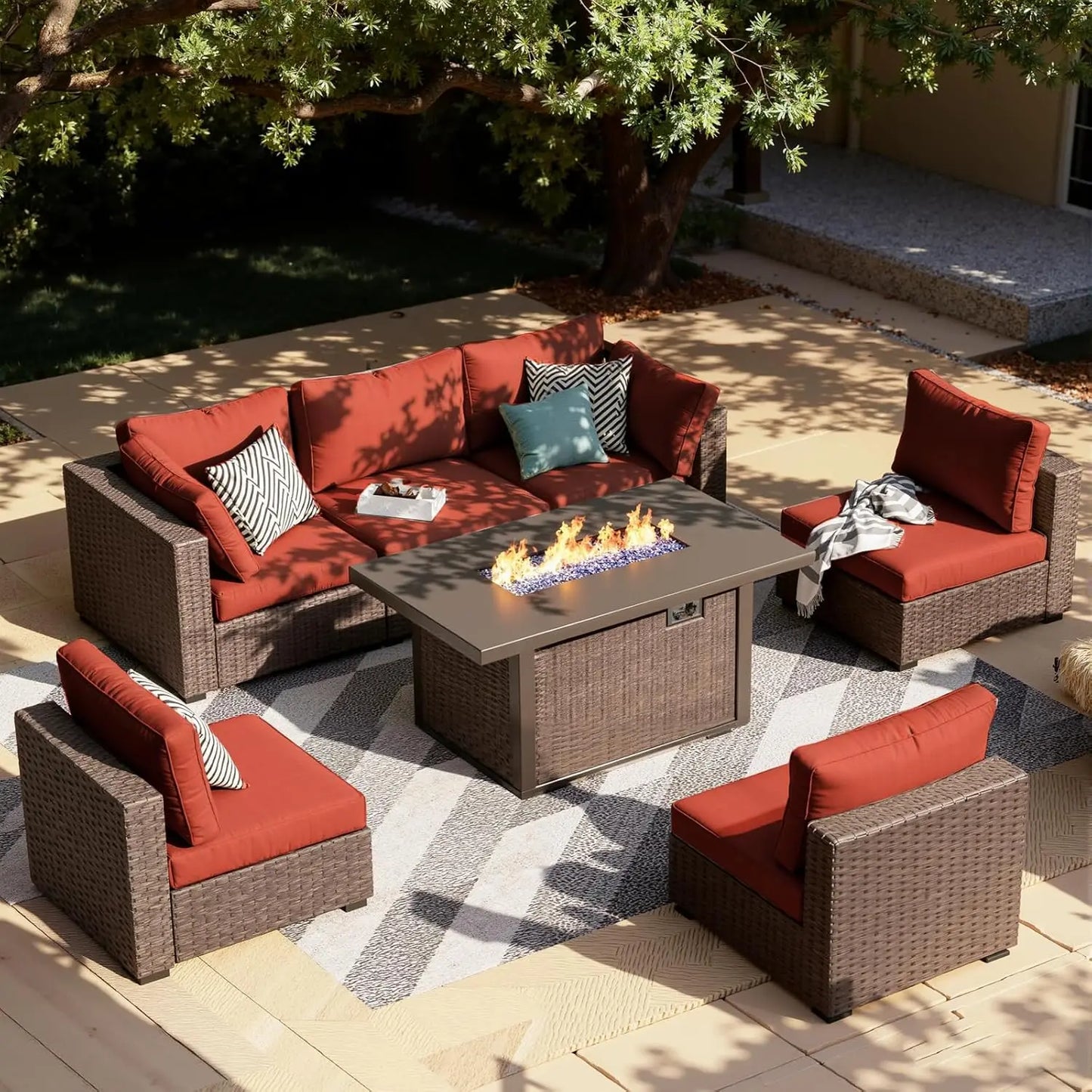 7-Pieces Patio Furniture Sets Outdoor Sectional Sofa with 44'' Propane Rattan Wicker Firepit Table, Patio Sectional, Customized