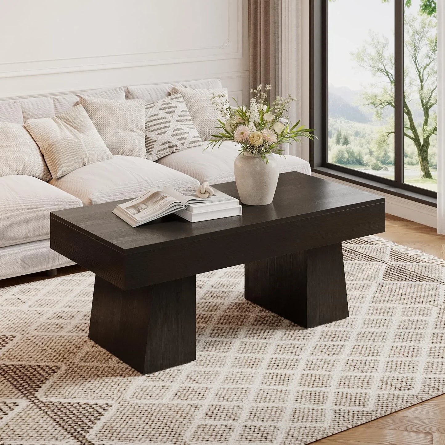 Tribesigns Vintage Coffee Table, 120cm Wooden Accent Center Tables with Thick Base, Modern Low Cocktail Tea Furniture for