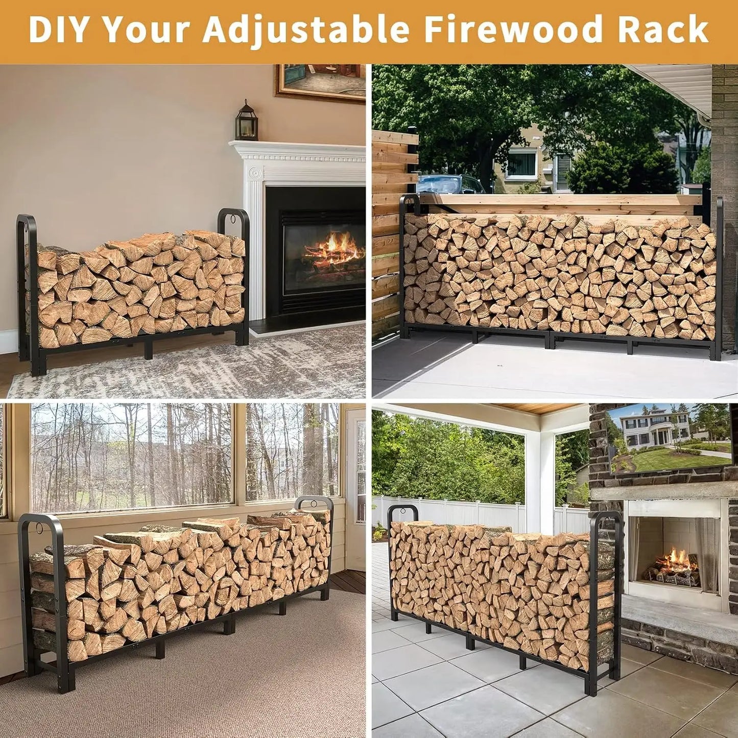 8ft Firewood Rack Outdoor Indoor, Upgraded Heavy Duty Adjustable Fire Wood Rack Holds Up to 4500lbs, Fireplace Log Holder Wood Storage for Porch Patio, Easy Assembly