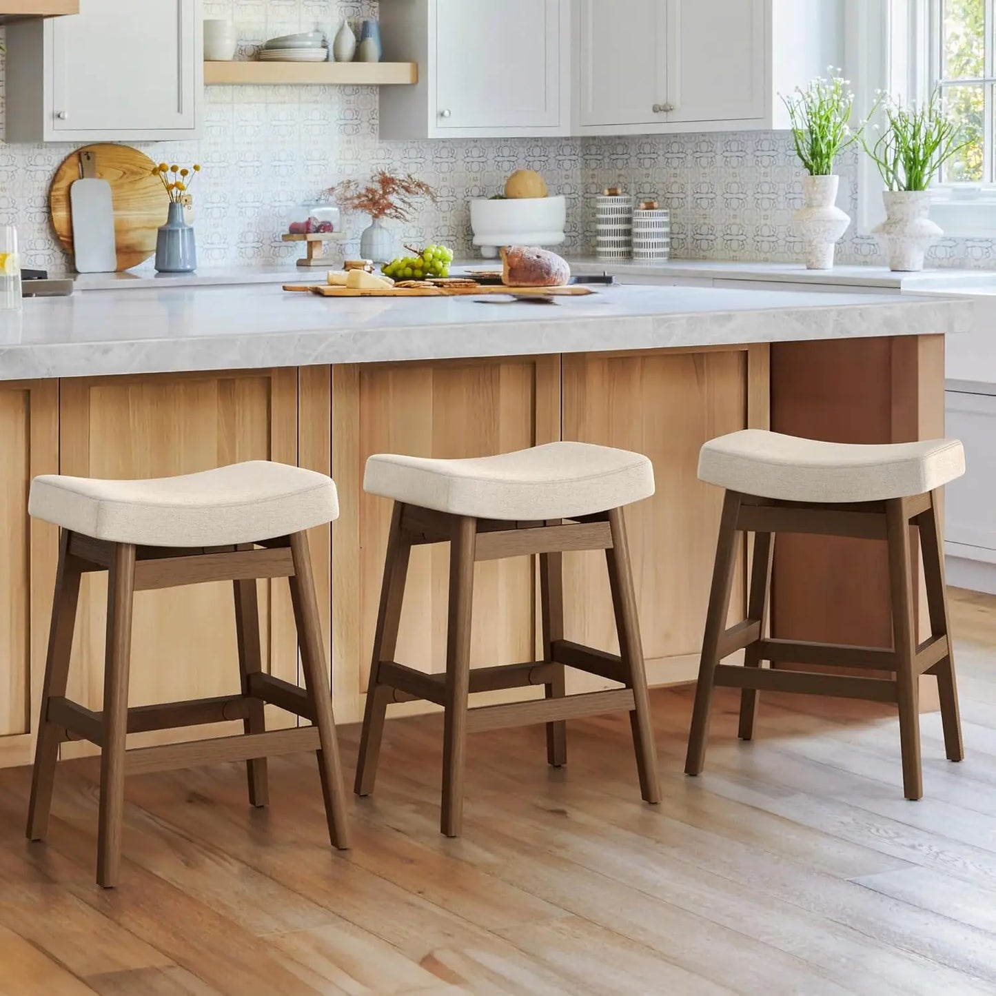 Bar Stools Set of 3, Barstools with Sturdy Wood Legs, Saddle Seat Counter Height Bar Stools for Kitchen Counter,, Customized