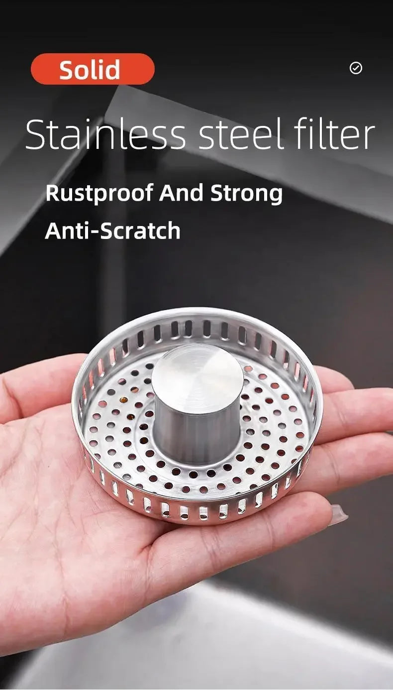 3-in-1 Stainless Steel Kitchen Sink Strainer - Pop-Up Stopper with Anti-Clogging Basket and Odor Filter, Easy Clean Drain Strain