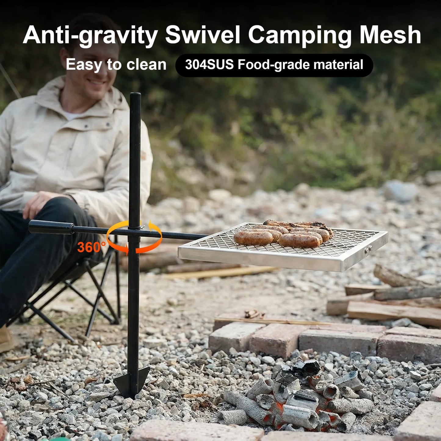 Swivel Campfire Grill 360° Adjustable Open Fire Grill Grate, Fire Pit Grill Grate over Fire Pits, Outdoor Cooking Equipment
