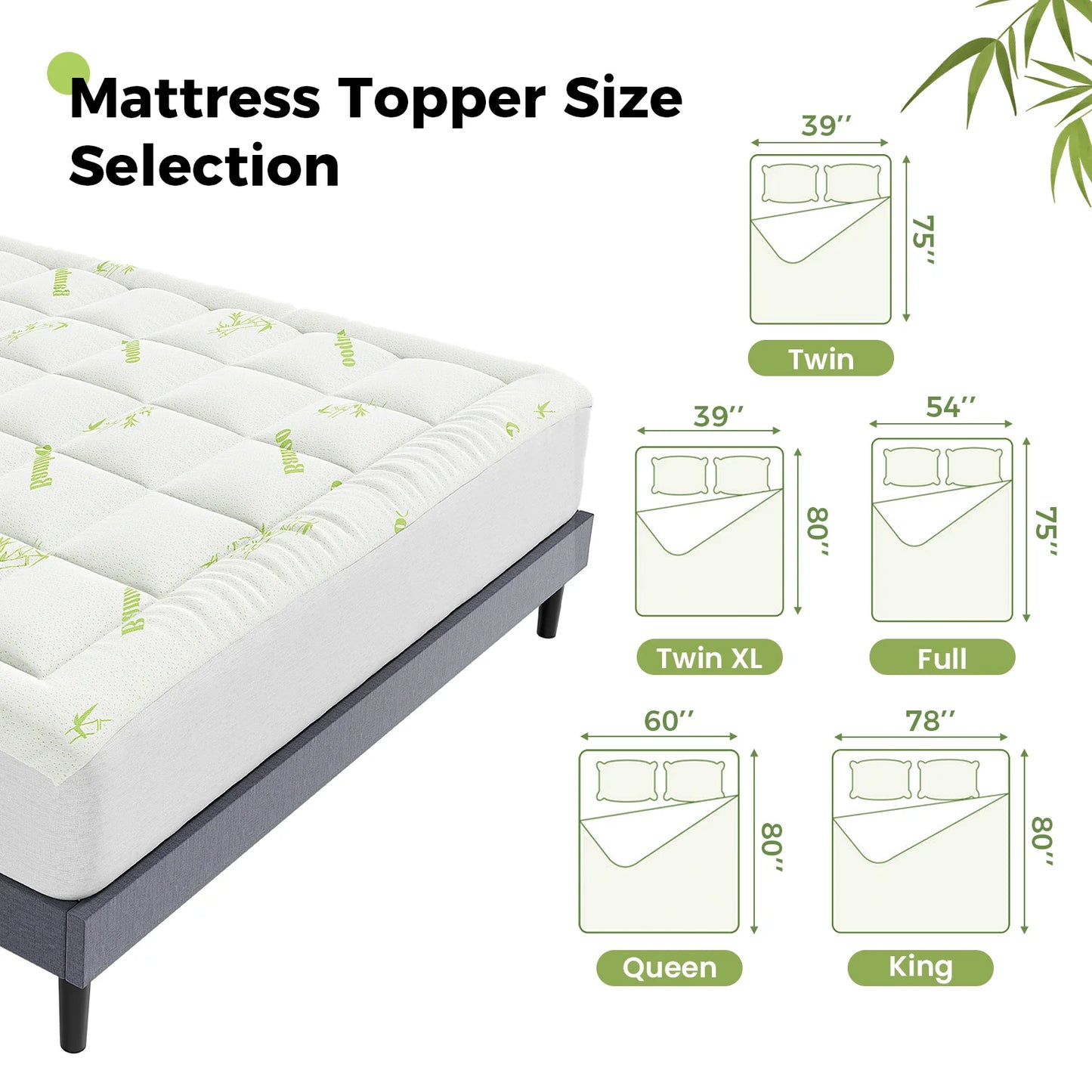 JHK Bamboo Fiber Soft Mattress Topper with Deep Pockets 400g Thick Mattress for Back Pain Relief Breathable Cooling Material