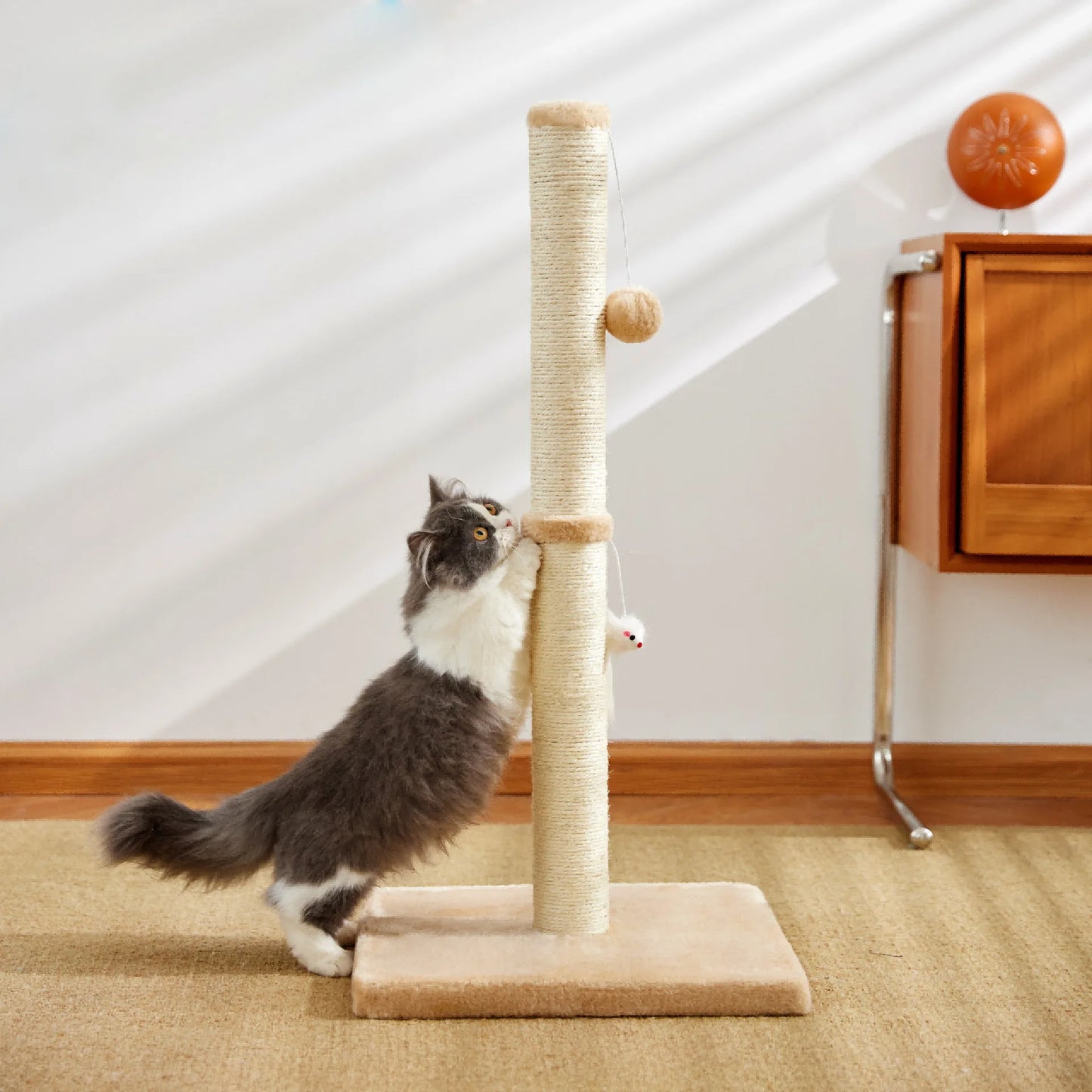 32" Tall Sisal Cat Scratching Post, PawHut Vertical Claw Scratcher For Indoor Cats And Kittens With Hanging Ball And Soft Plush