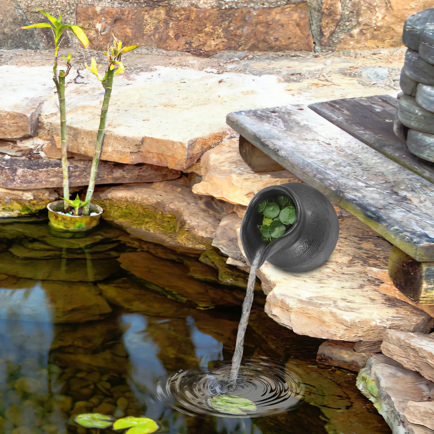 Landscape Waterfall Jar Ceramic Circulating Fountain Decor Outdoor Garden Waterfall Jar Natural Relaxing Flow Living Room Decor