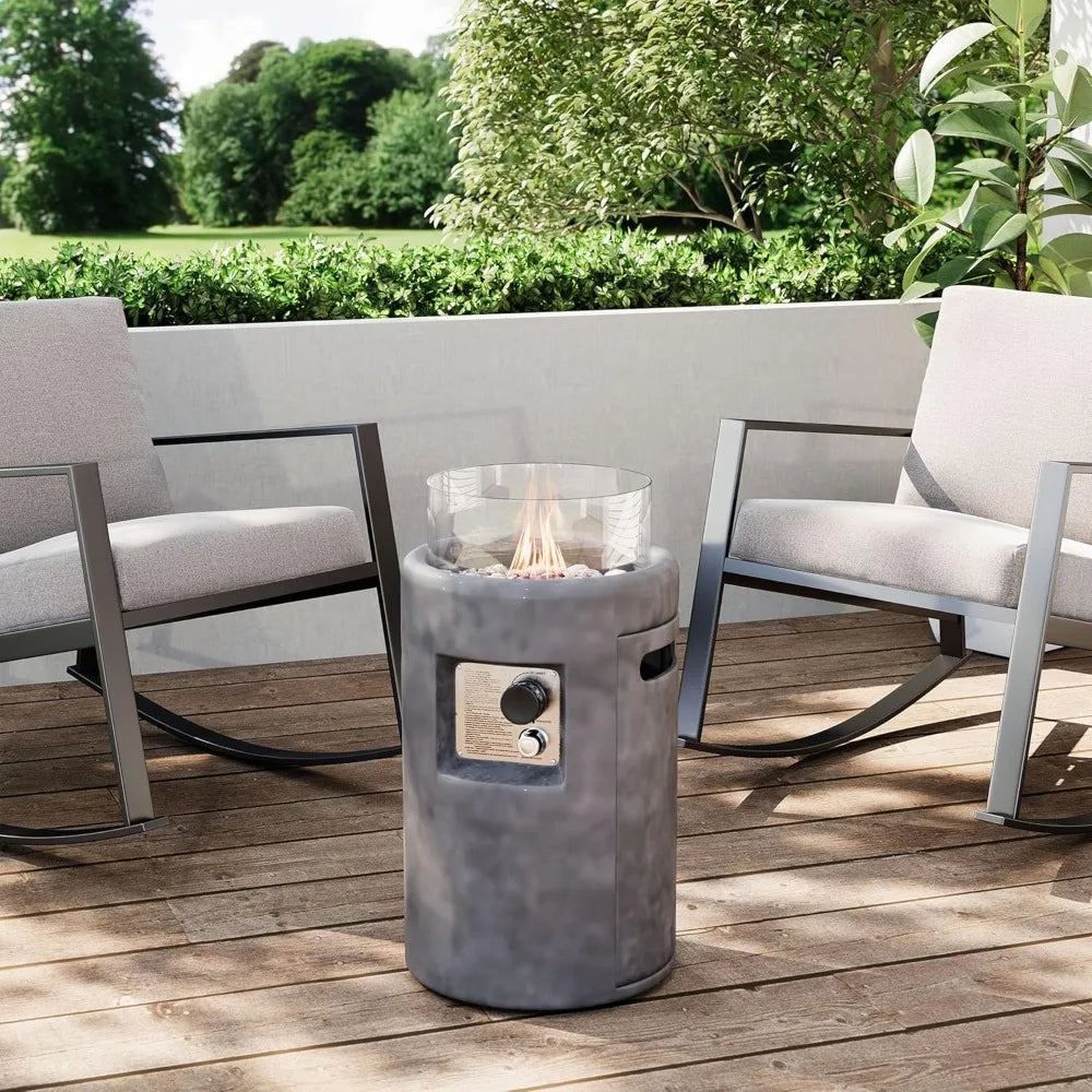Outdoor Propane Fire Pit, Stone Like Fire Pit Table with Glass Wind Guard, Waterproof Cover, 40000BTUS Small Column Fire