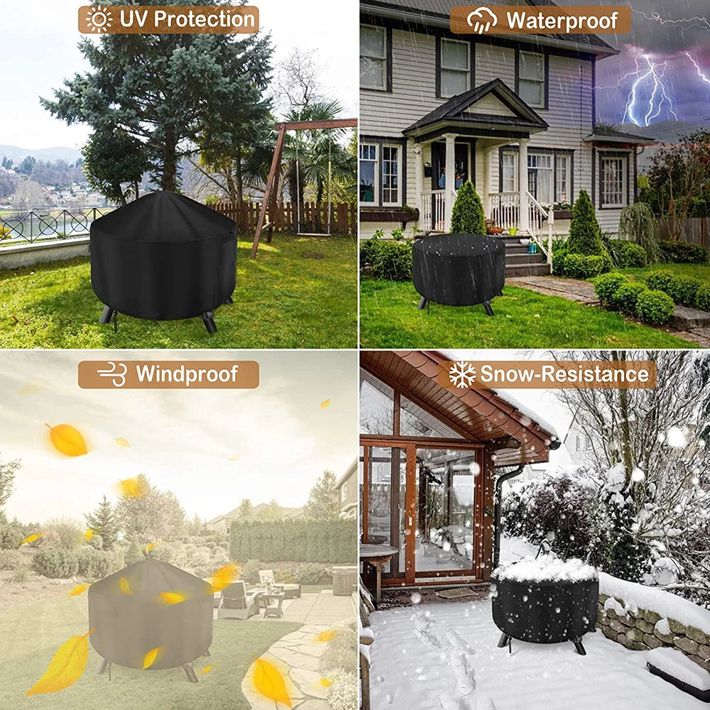 Waterproof Patio Fire Pit Cover Black UV Protector Grill BBQ Shelter Outdoor Garden Yard Round BBQ Cover Canopy Furniture Covers