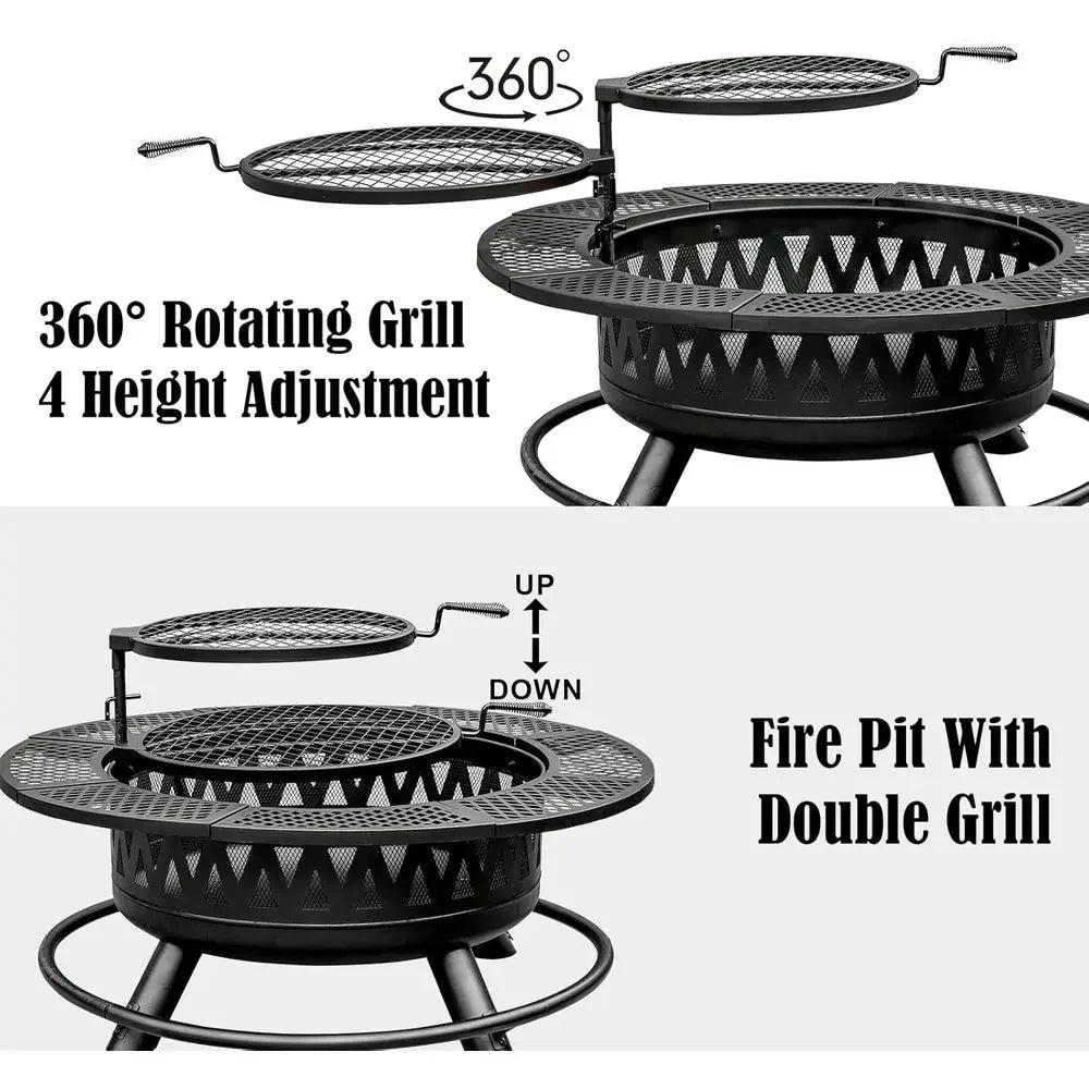 42 Inch Round Outdoor Fire Pit with Dual Grills, Wood-Burning, Ideal for Backyard Parties and Picnics