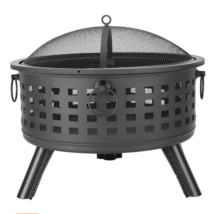 Large Outdoor Fire Pit Bowl - Round Wood Burning Patio Firebowl with Portable Poker and Spark Screen
