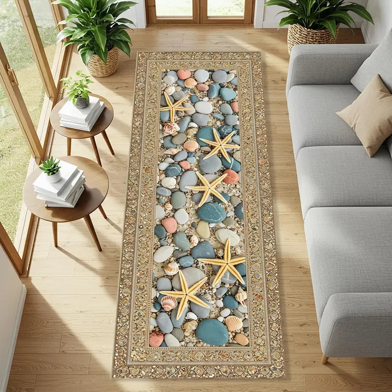 Abstract Ocean Runner Rug Coastal Wave Pattern Carpet Blue Beige Floor Covering Kitchen Hallway Design Long Narrow Home Decor