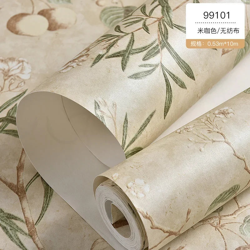 Country Wallpaper Idyllic Style Retro Nostalgic Bedroom Dark Green Flowers and Birds TV Background Wallpaper Non Self-adhesive