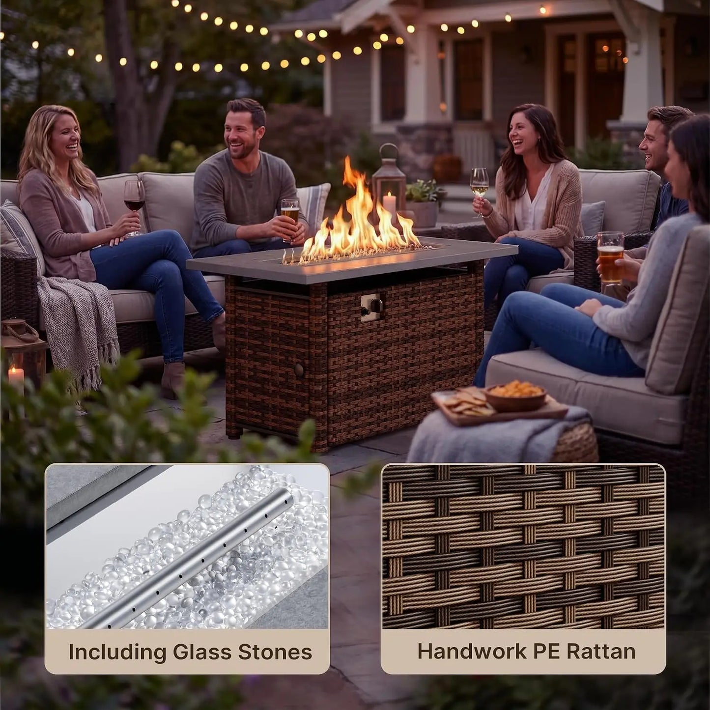 8 Piece Outdoor Patio Furniture Set with 44”Fire Pit Table, Outdoor Wicker Sectional Sofa Conversation Set with, Customized