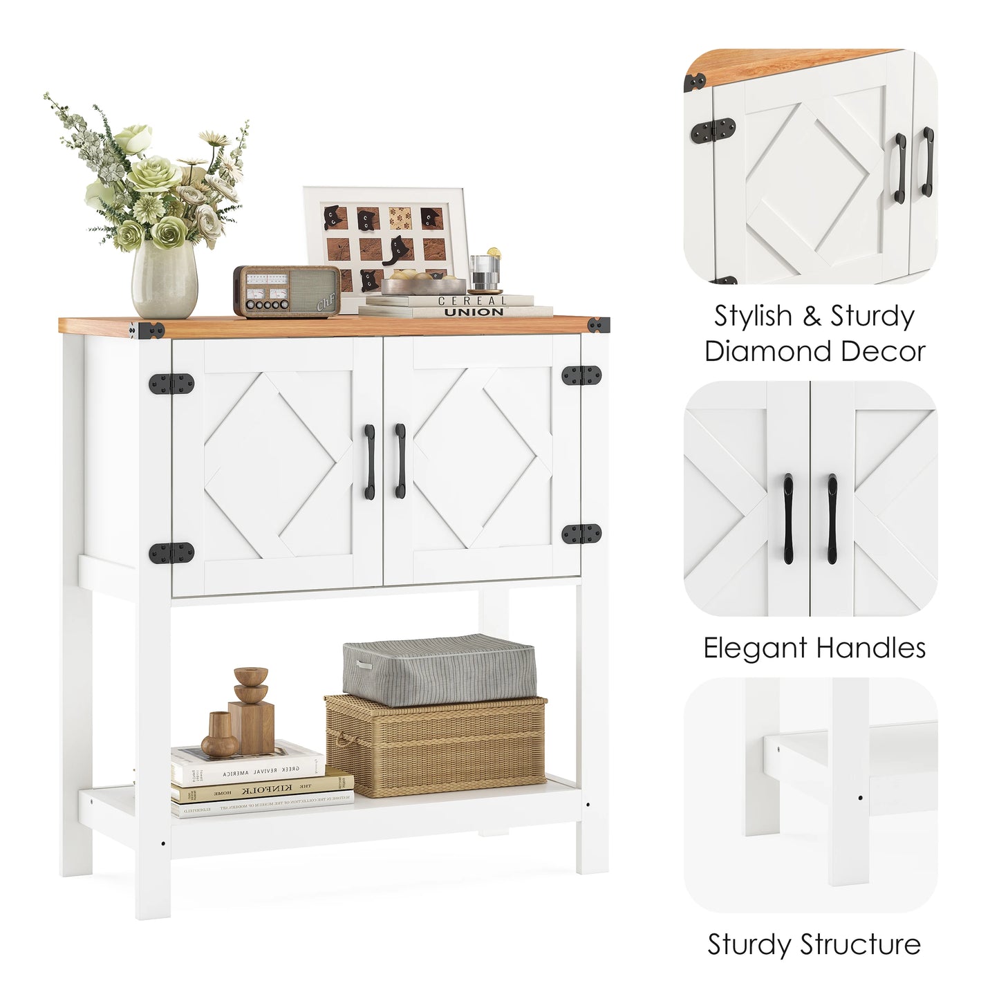 31.5" Farmhouse Coffee Bar Table with Power Outlet, Modern Entryway Console with Storage Cabinet