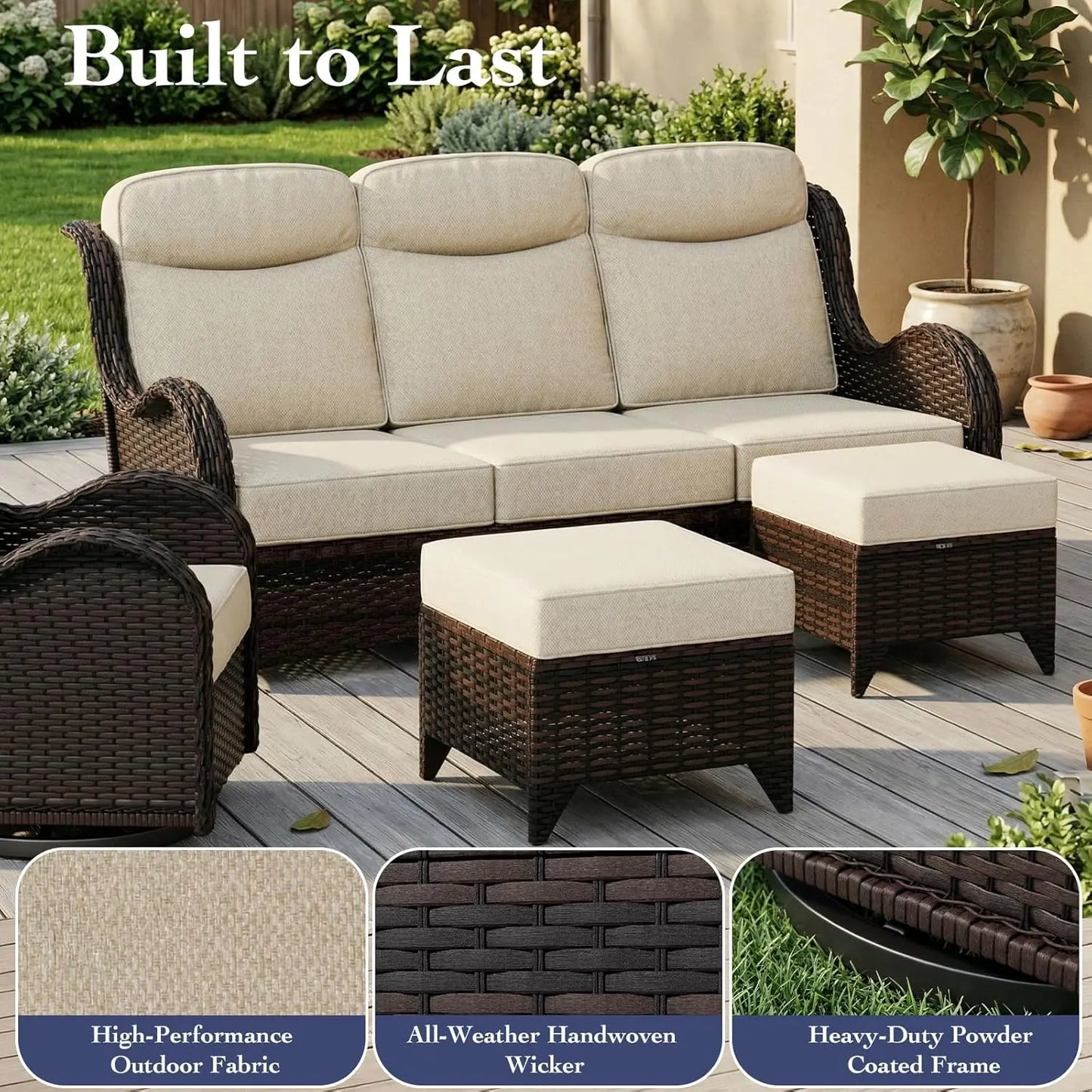 7 Pieces Outdoor Patio Furniture Set with 5" Thick Cushions, Weather-Resistant Wicker High Back Swivel Rocker, Customized