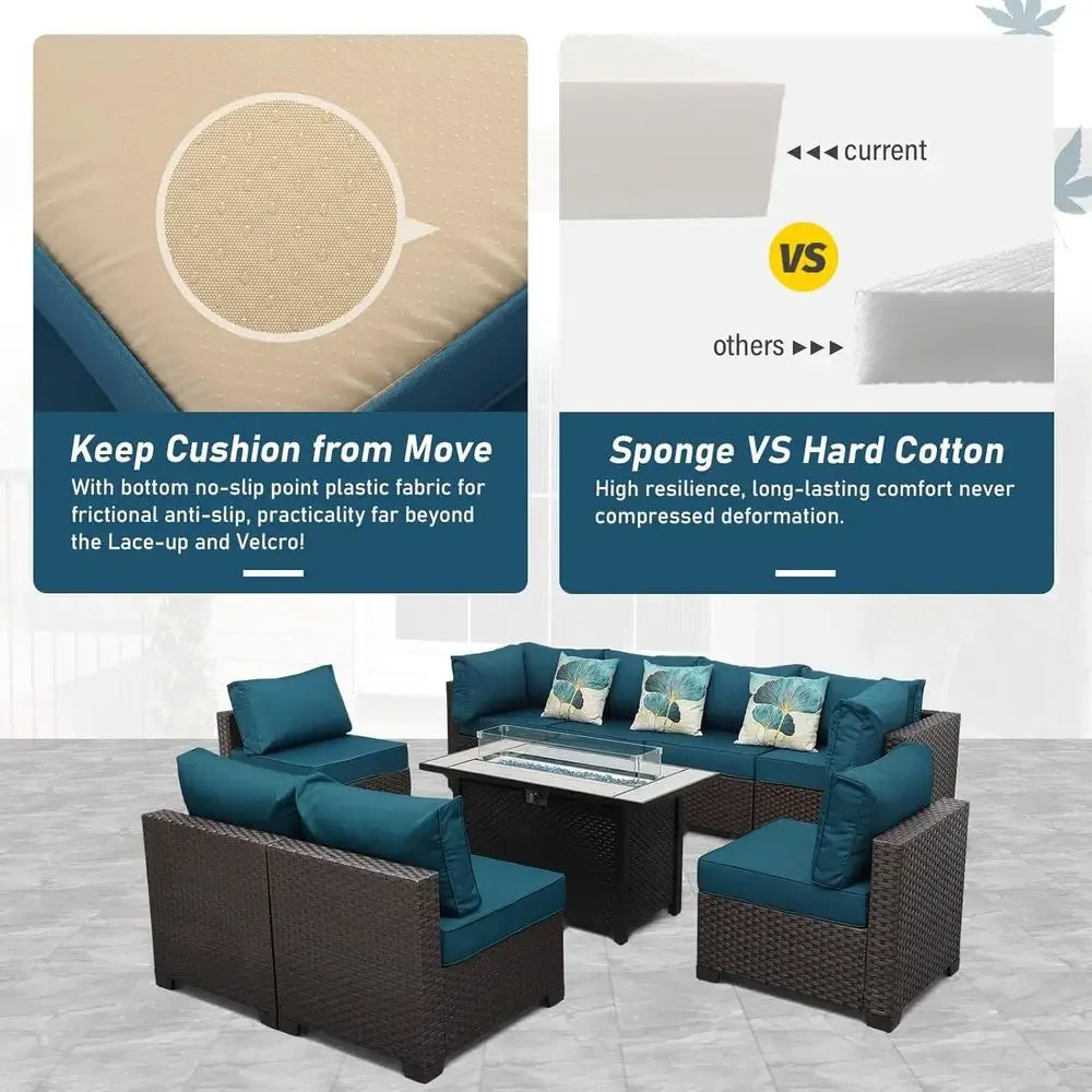 9-Piece Outdoor Wicker Patio Furniture Set with Sectional Sofa, Peacock Blue Cushions, and 45 Gas Fire Pit Table