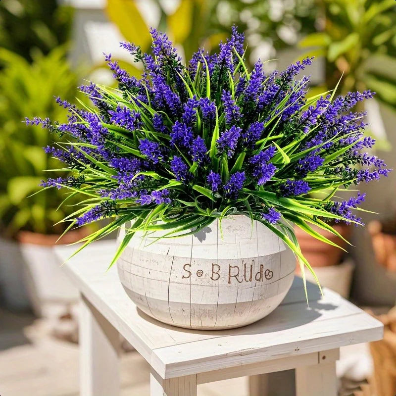 10pcs Bundles Artificial Lavender & Monkey Grass Flowers - UV-Resistant Plastic Outdoor/Indoor Faux Plants, 14.5" Realistic Stem