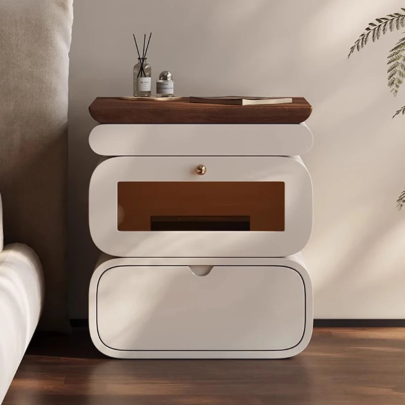 Rustic Nordic Bedside Table With Secret Compartment Safe Curved Cream Nightstand Unique Chic Mesitas De Noche Furniture For Home