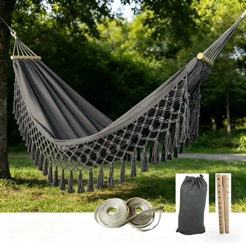Outdoor Fringed Canvas Hammock - Portable Anti-slip Fringed Hammock for Camping - Bohemian Style Outdoor Camping Hammock