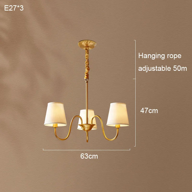 Medieval Living Room Copper Chandelier Retro Dining Room Modern Luxury Fabric Hanging Lamp Bedroom Simple Pendant Lighting