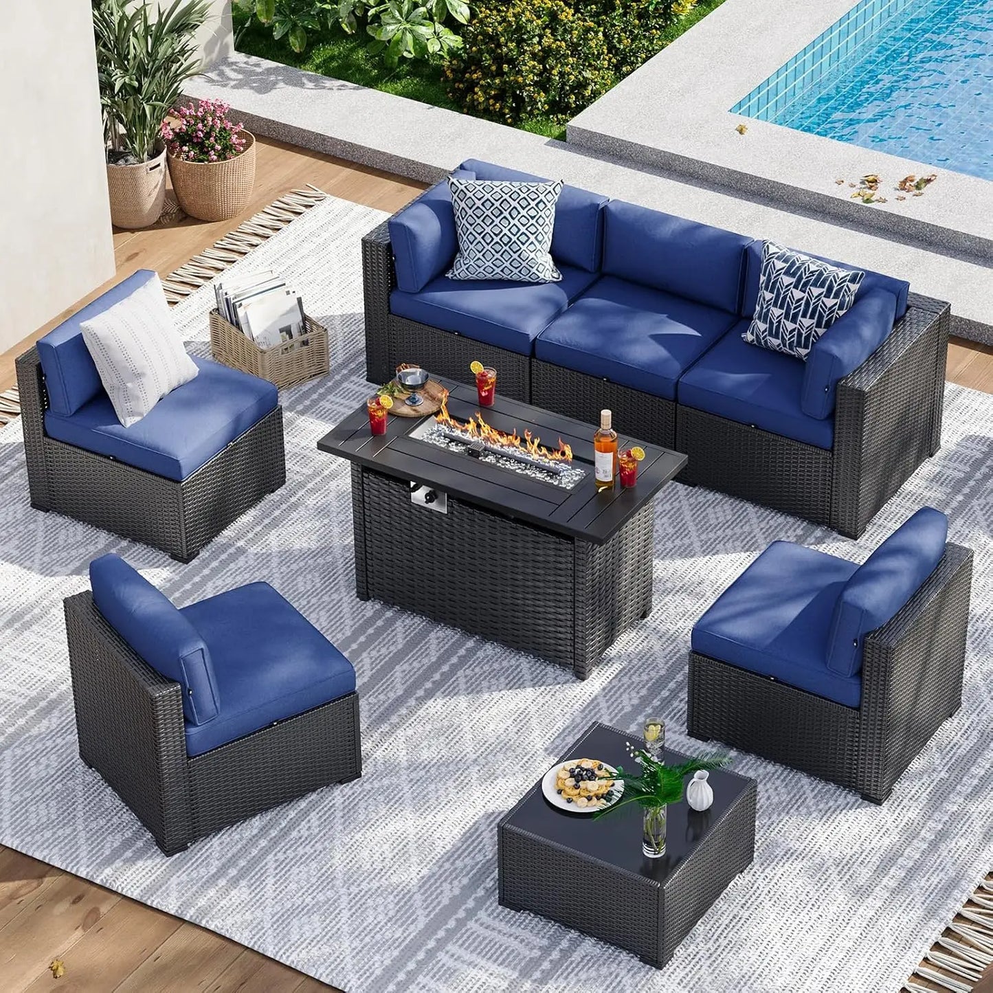 8-Piece Wicker Patio Sectional Sofa Set with 44" Fire Pit Table & Thickened Cushion for Outdoor, Custom
