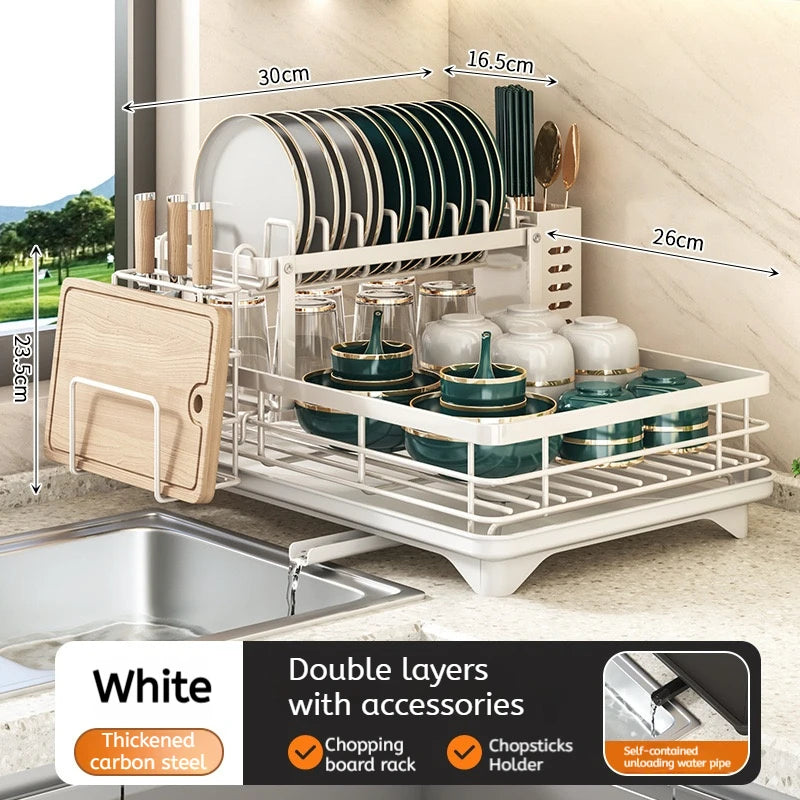 Dish Drying Rack Adjustable Kitchen Plates Organizer with Drainboard Over Sink Plate Drainer Storage Organizer