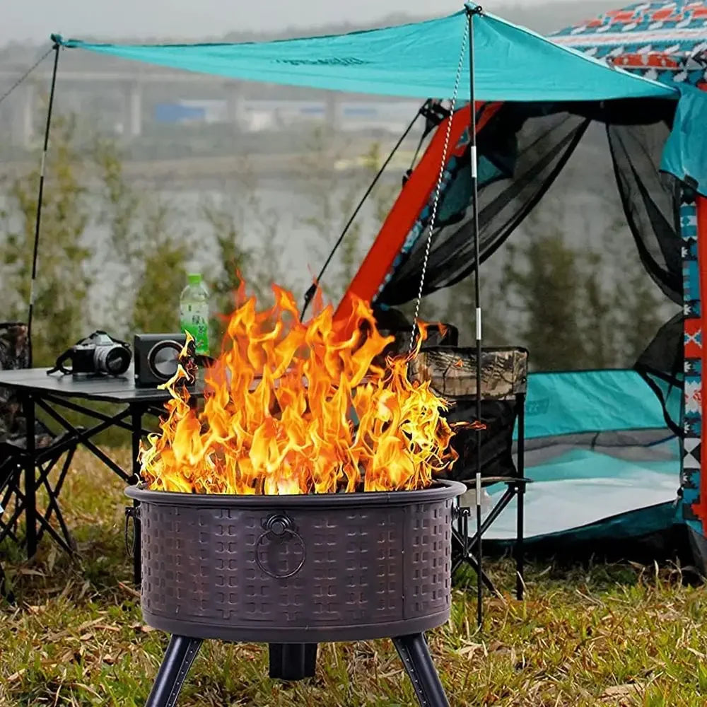 Round Deep Wood-Burning Fire Pit with Spark Screen Cover and Poker