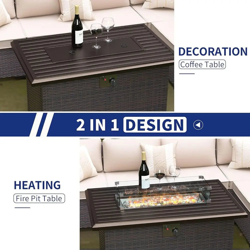 43 Propane Gas Fire Pit Table, 55,000 BTU Outdoor | 2 in 1 Fire Table with Lid, Fire Glass, Glass Wind Guard & Waterproof Cover