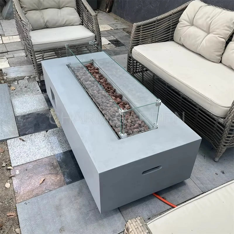 Customized Modern Portable Fireplace Concrete Rectangle Gas Fire Pit for Outdoor Heating