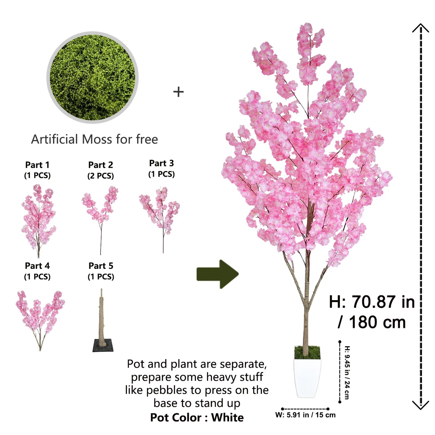 160-210cm/6.9ft Artificial Cherry Blossom Tree Plant Indoor Outdoor Ornament Fake Plant for Home Wedding Party Living Room Decor