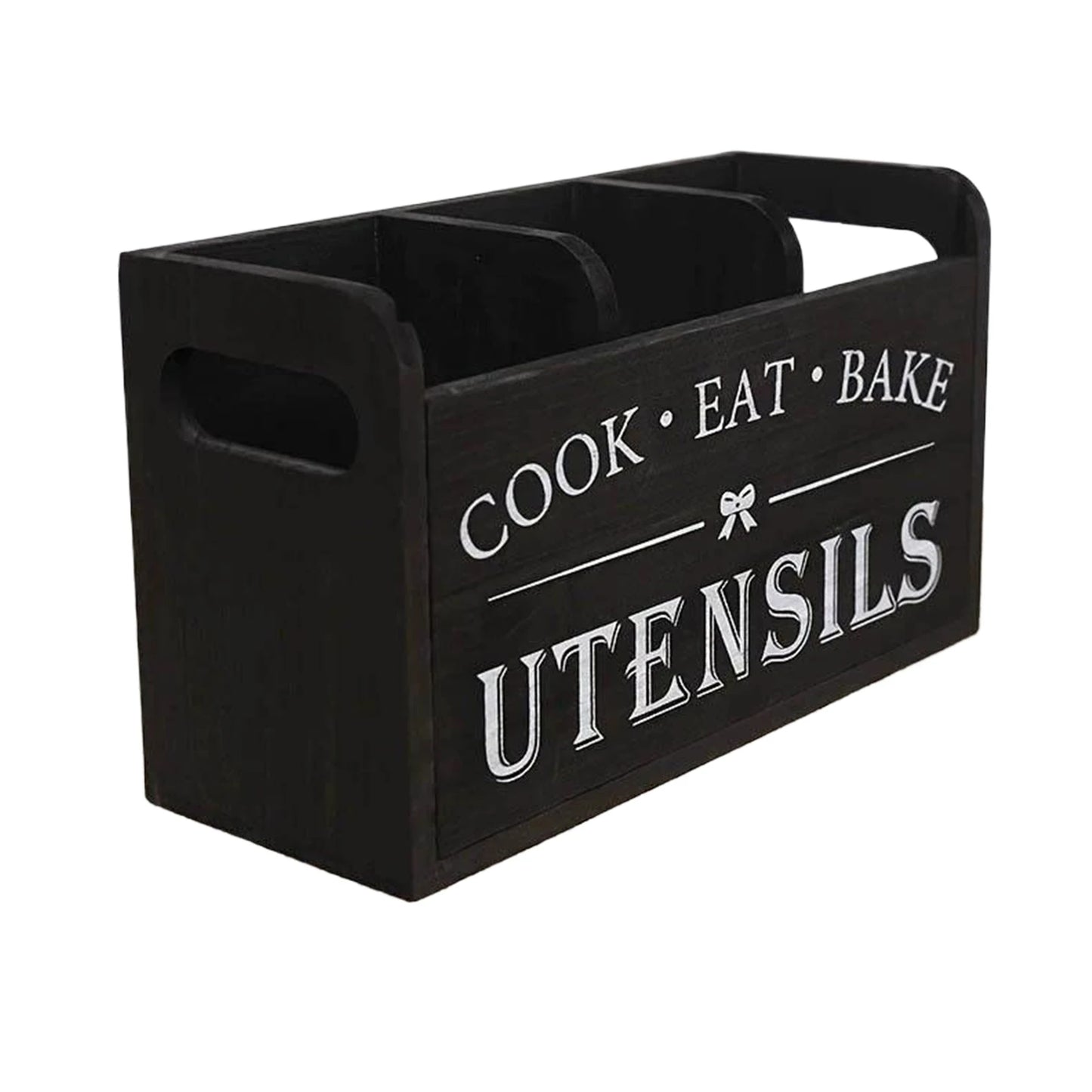 Rustic Wooden Kitchen Utensil Holder - 3-Compartment Countertop & Wall-Mounted Organizer for Spoons Whisks & More Space-Saving