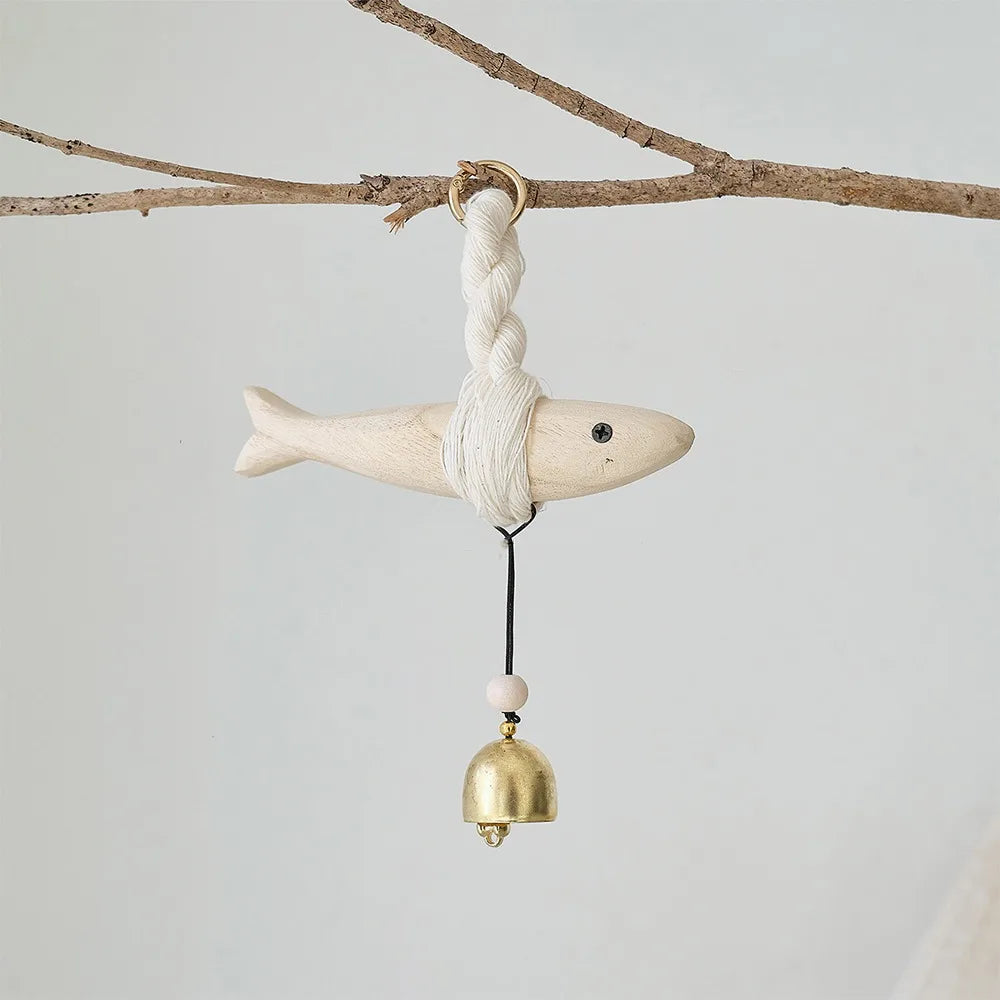 Creative Handmade Wood Fish Door Bell Hand Carved Lightweight Fish Wall Decoration Rustic Lucky Fish Door Chimes Living Room