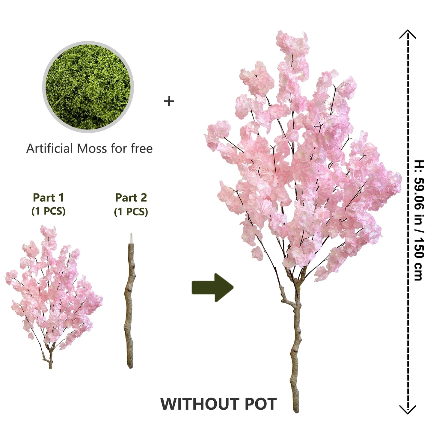 Artificial Pink Cherry Blossom Tree Trunk Faux Silk Leaves Plant for Home Office Indoor Outdoor Decor