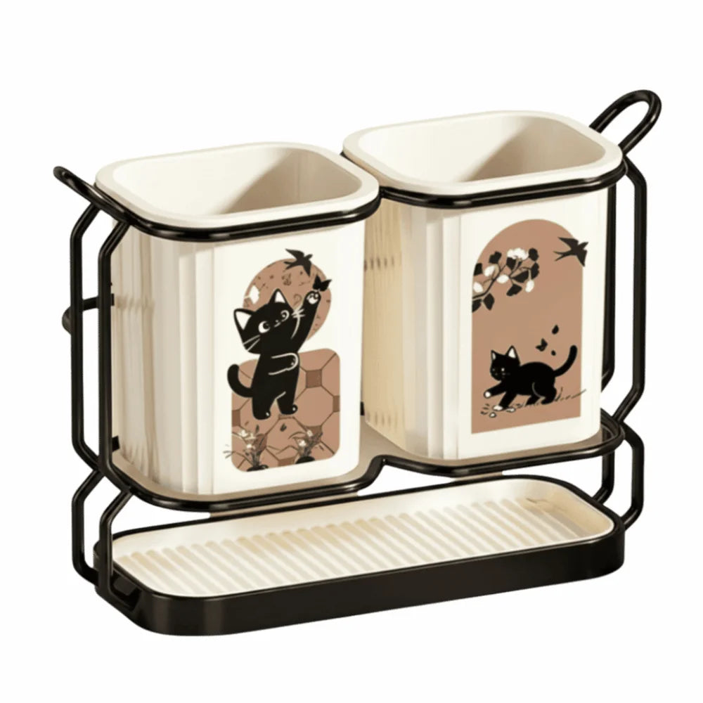 Cute Cat Kitchen Storage Basket Durable Standing Chopsticks Holder Organizer No-drill Tableware Drainer Kitchen
