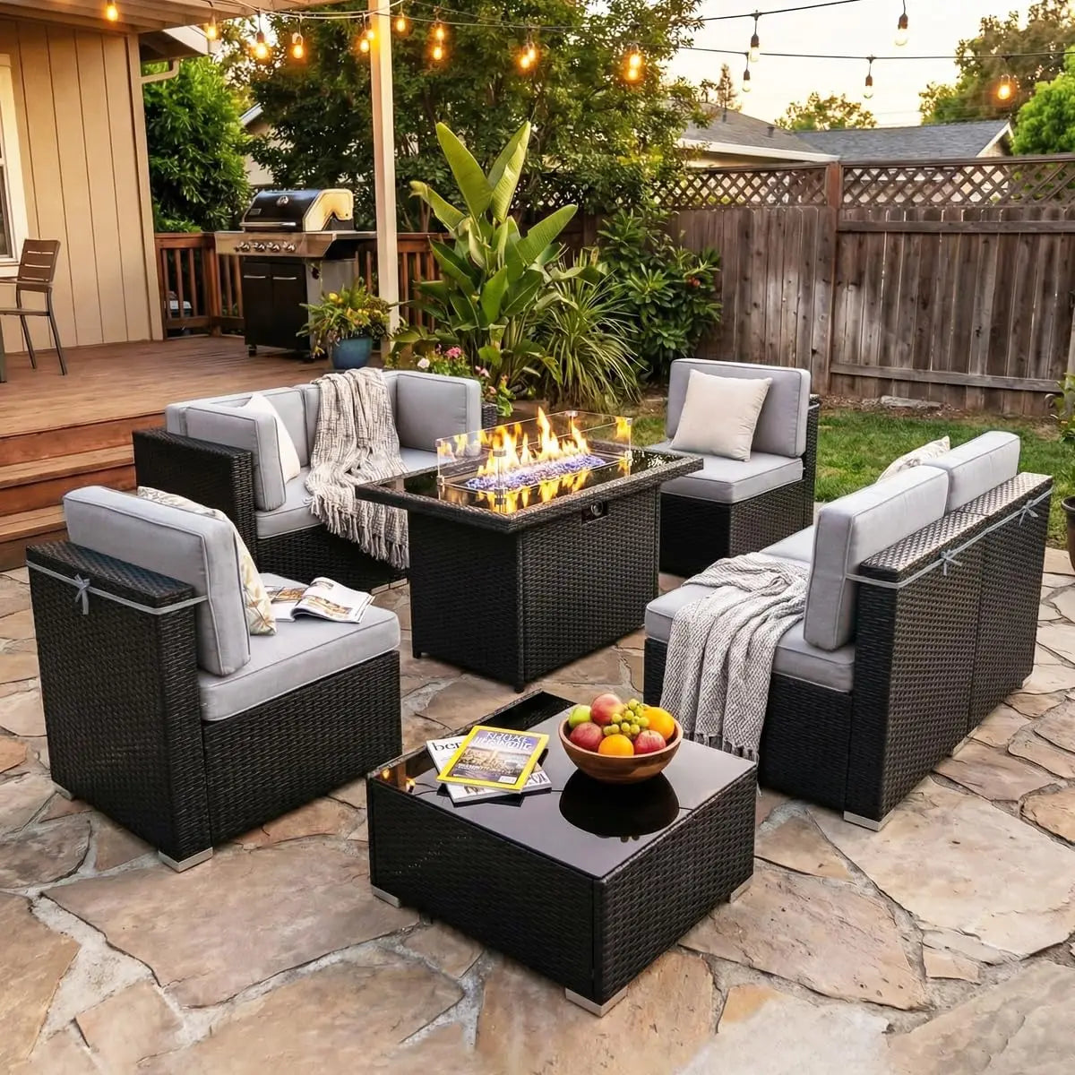 8 Pieces Patio Furniture Set with 44" Propane Gas Fire Pit Table, Outdoor Sectional Wicker Conversation Sofa Sets, Customized