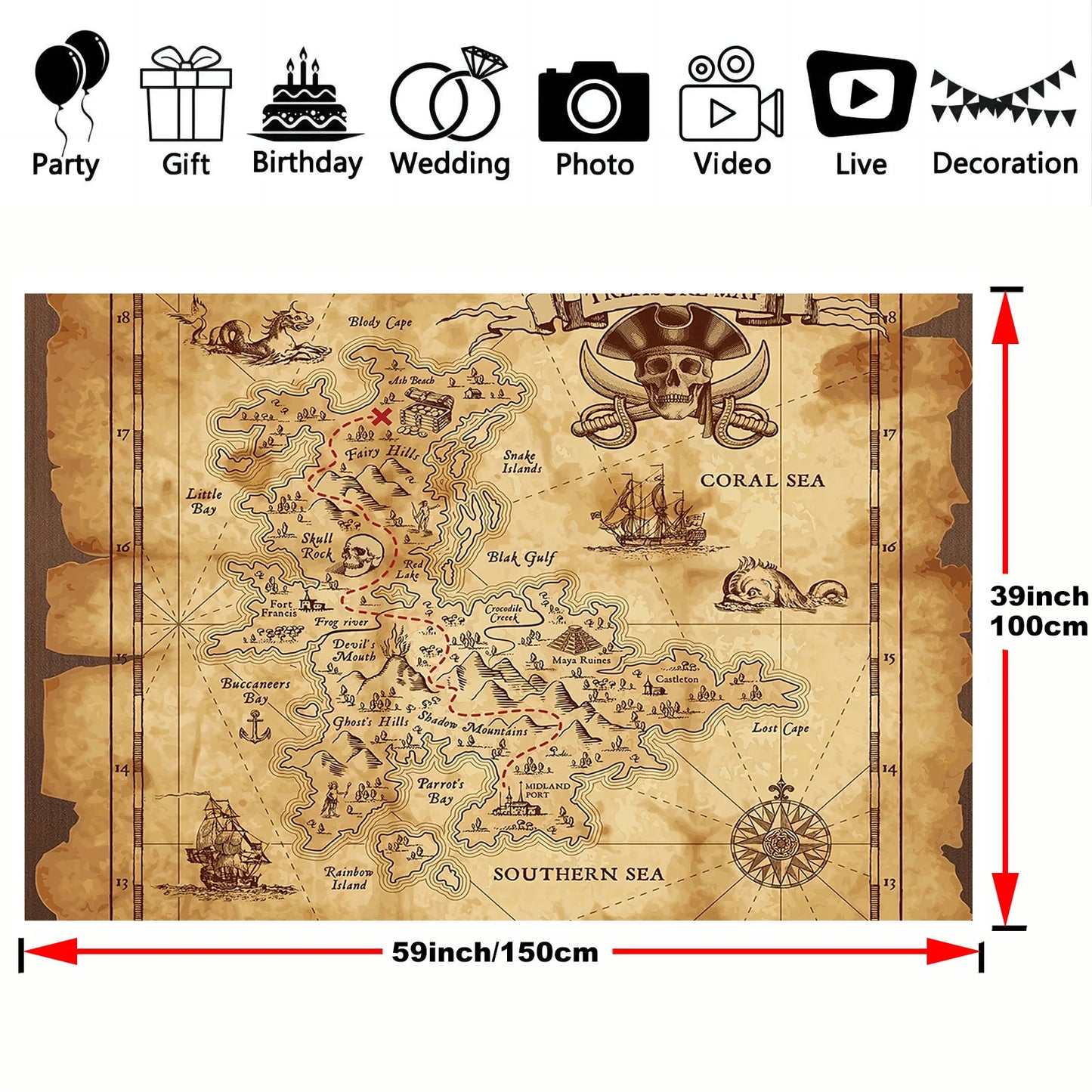 Pirate Treasure Map Background - Multi-functional party decoration suitable for theme events and game rooms, polyester fabric