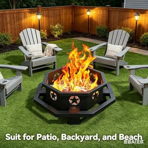 43 inch Large Fire Pit, Outdoor Fire Pit with Heavy Duty truction, Wood Burning Fire Pits for Outside Octagonal Firt