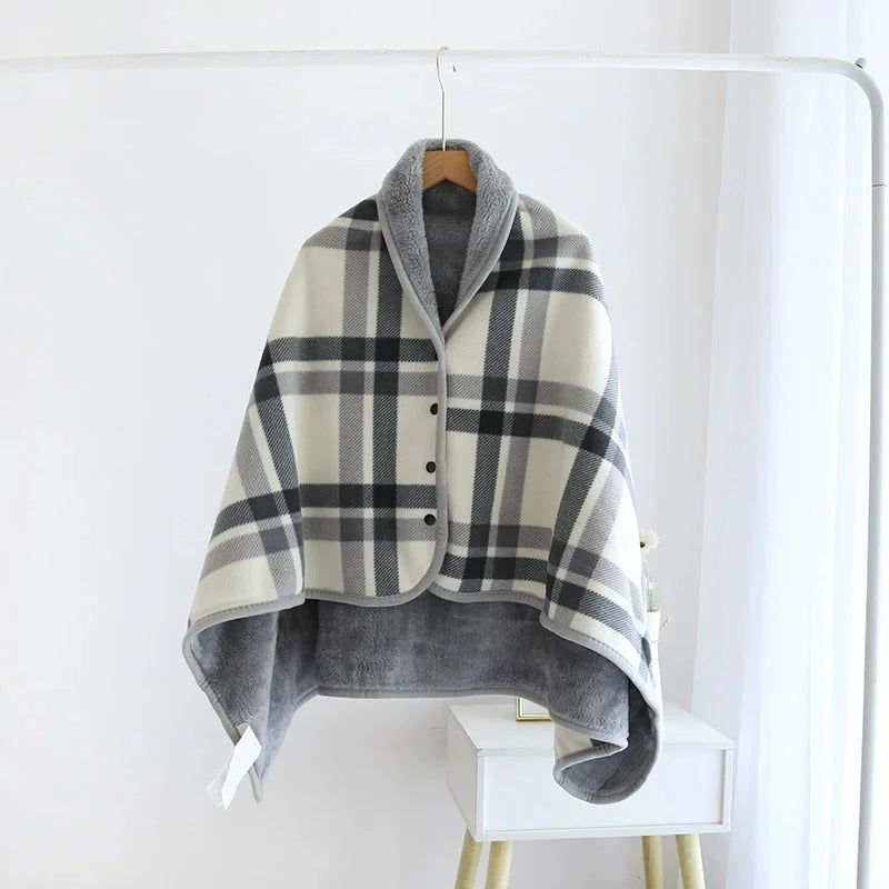 Fleece Wearable Blanket, Plaid Lap Blanket Comfy Poncho Throw with Button Plaid Throw Cushion for Bed Sofa Office