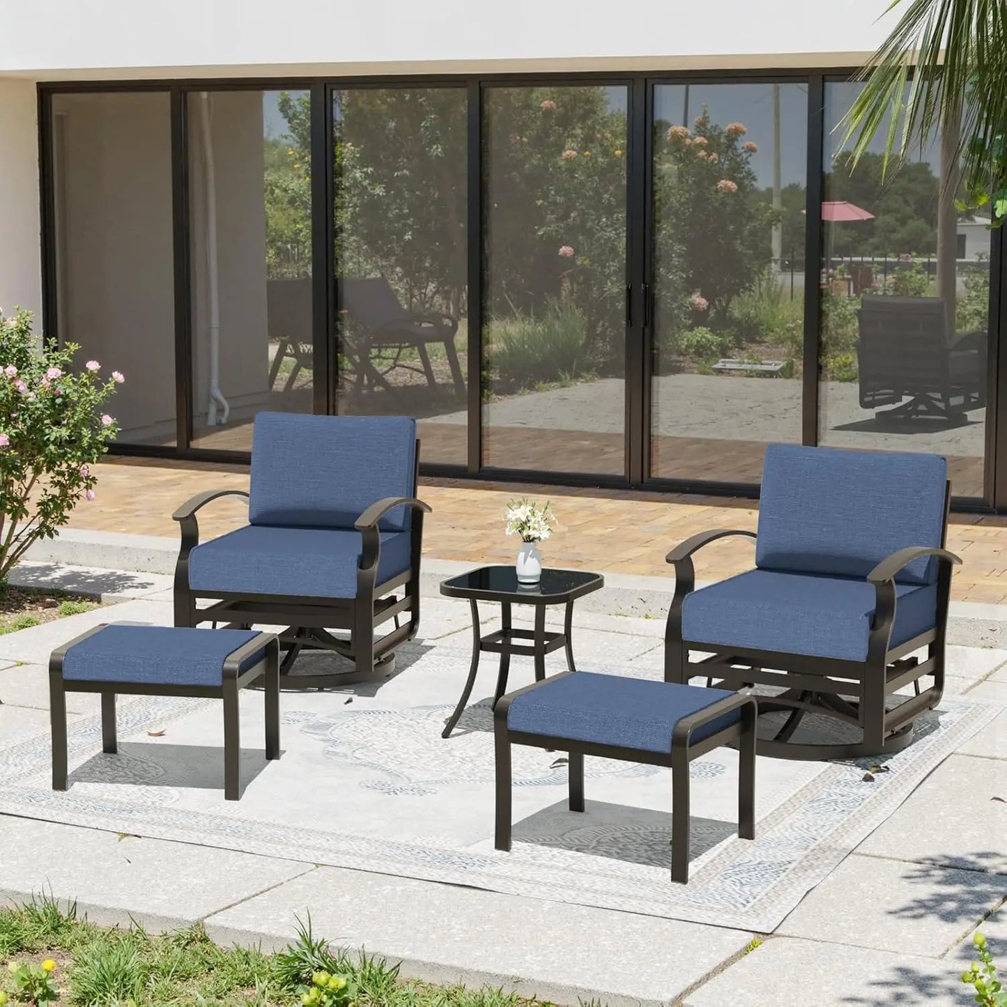 5 Piece Patio Set, Aluminum Outdoor Swivel Chairs Set of 2 with 2 Ottoman 5.1’’ High-Resilience Seat Cushions, Customized